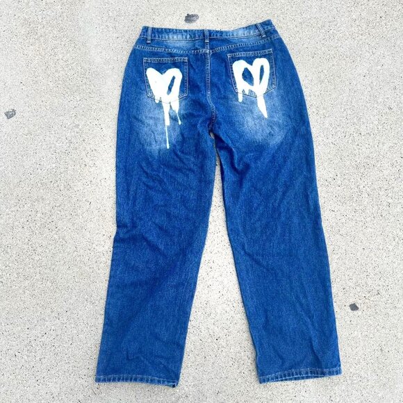 Custom Bleach dyed Drippy Heart Pockets Dark Wash Baggy Jeans - 2XL - Picture 1 of 4